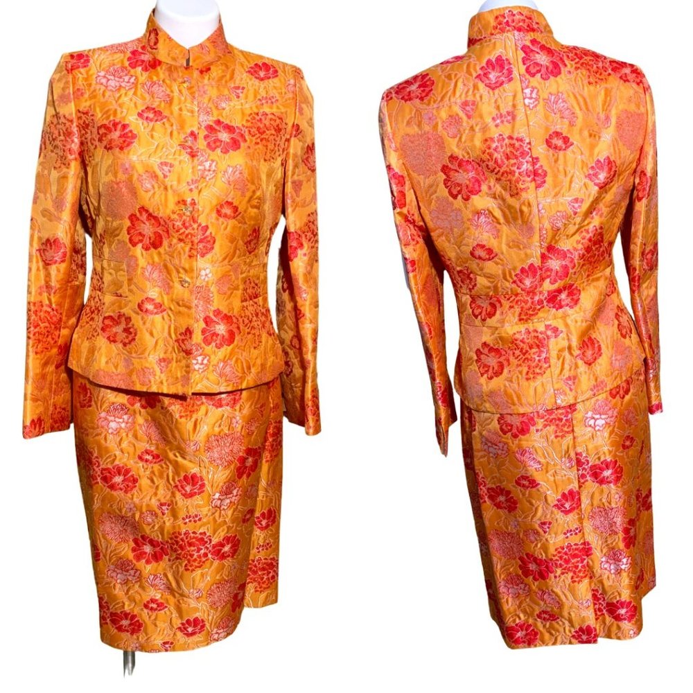Very Beautiful Kasper Orange and Red Floral Brocade Skirt Suit Set